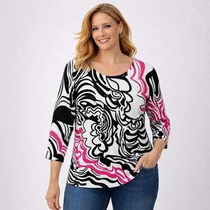 Dressbarn Abstract Sequin Embellished Scoop Neck Top Black Pink White XL NWT